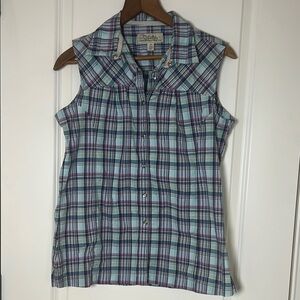 Cabelas Blue Plaid Sleeveless Button Down Shirt Medium